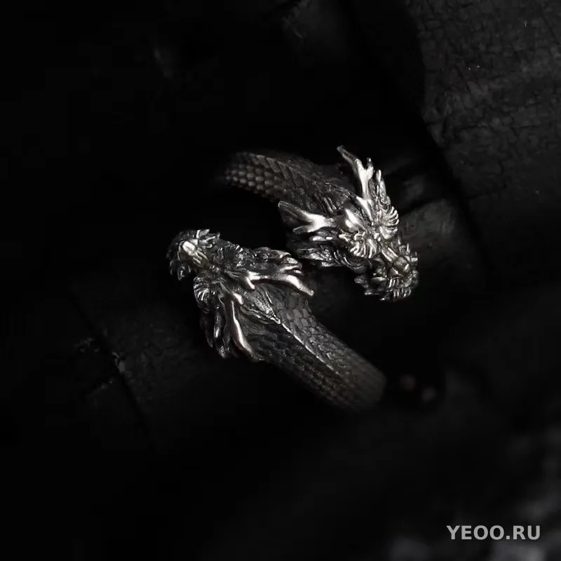 Кольцо с двуглавым драконом, состаренное, из сплава, мужское, регулируемое, в китайском стиле
