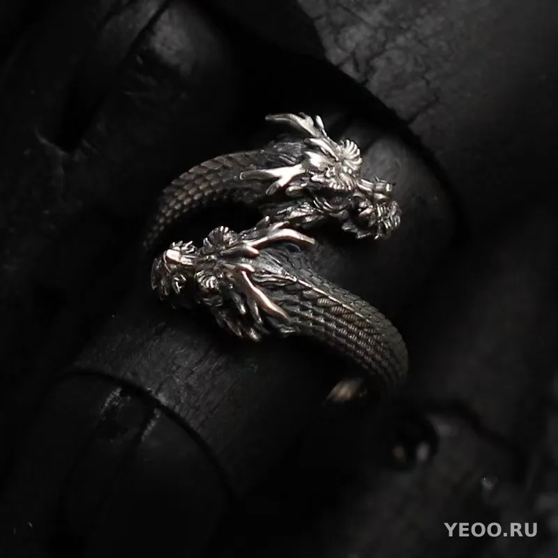 Кольцо с двуглавым драконом, состаренное, из сплава, мужское, регулируемое, в китайском стиле