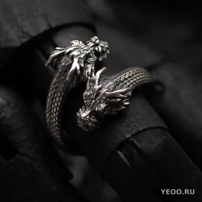 Кольцо с двуглавым драконом, состаренное, из сплава, мужское, регулируемое, в китайском стиле
