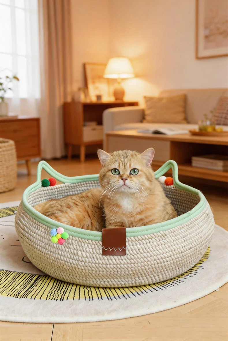 Кошачий домик из плетеной лозы с когтеточкой и игрушкой-шариком, стиральный
