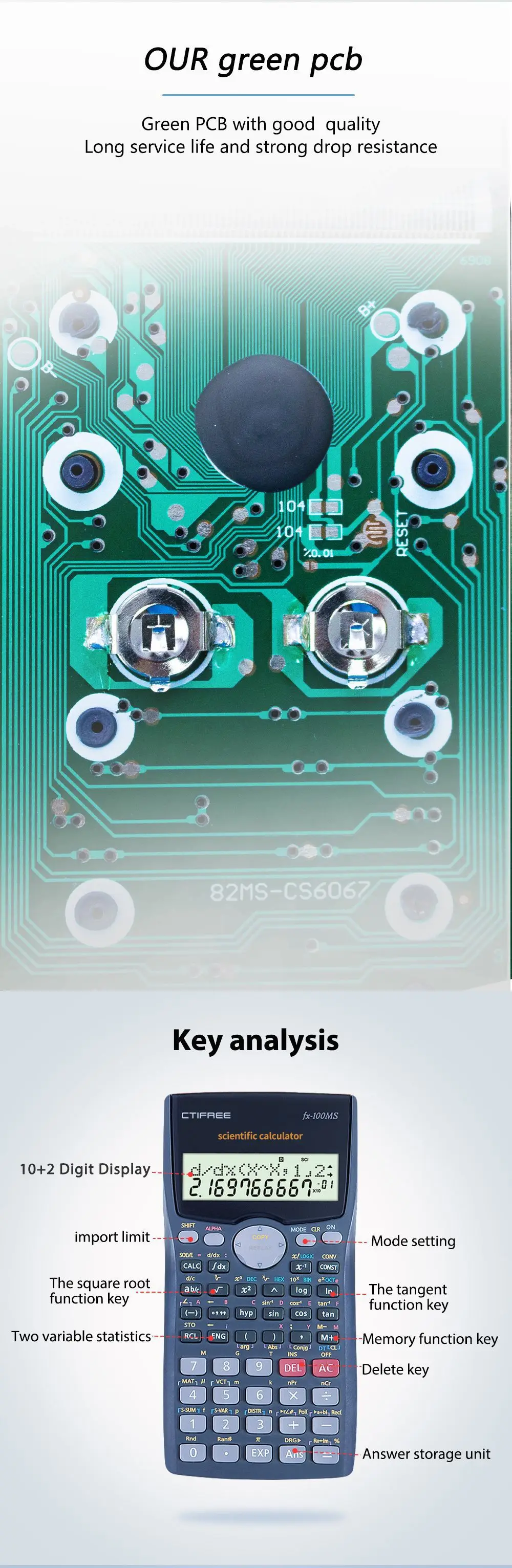 Научный калькулятор FX-100MS, 12 разрядов, на батарейке, 15,5x8x3,5 см