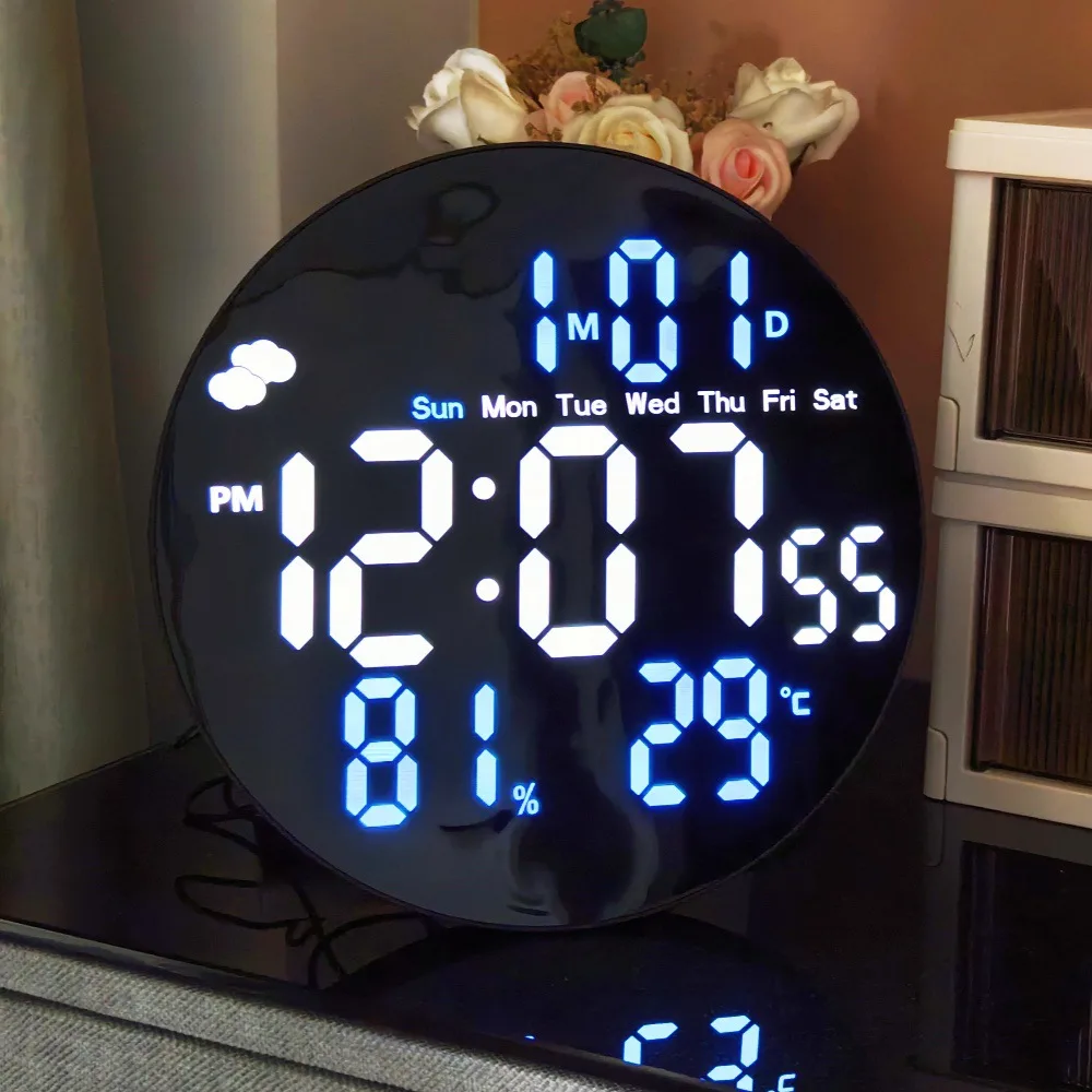 Цифровые настенные часы LED, 10 дюймов, с отображением температуры и влажности, будильником и календарём