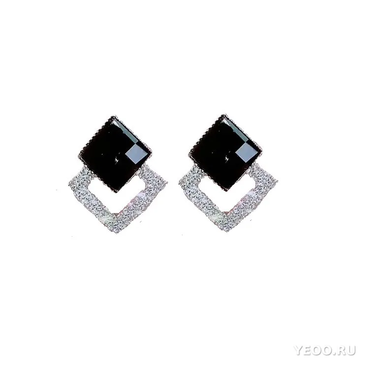 Серьги-гвоздики женские с кристаллами, короткие квадратные, с фианитами, сплав, без штырька