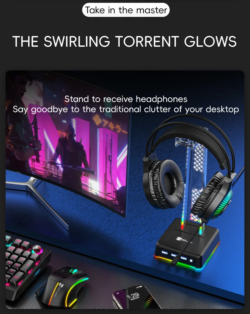 Подставка для наушников с RGB-подсветкой и двумя USB-выходами
