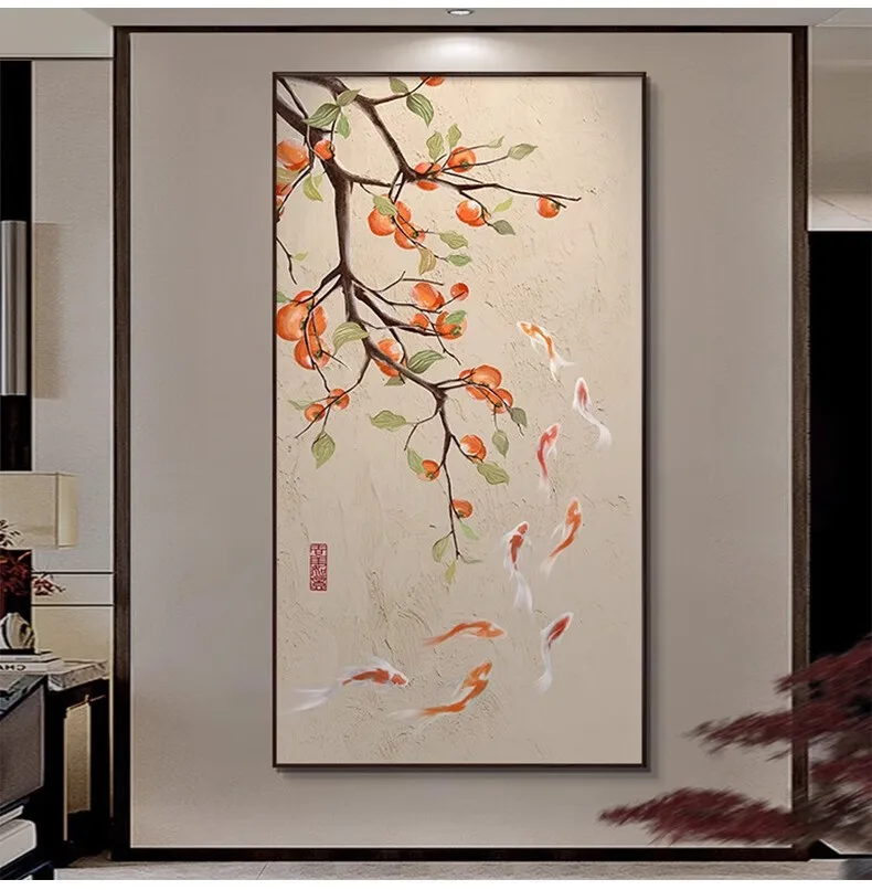 Картина настенная вертикальная в новом китайском стиле с рыбами, 50×100 см
