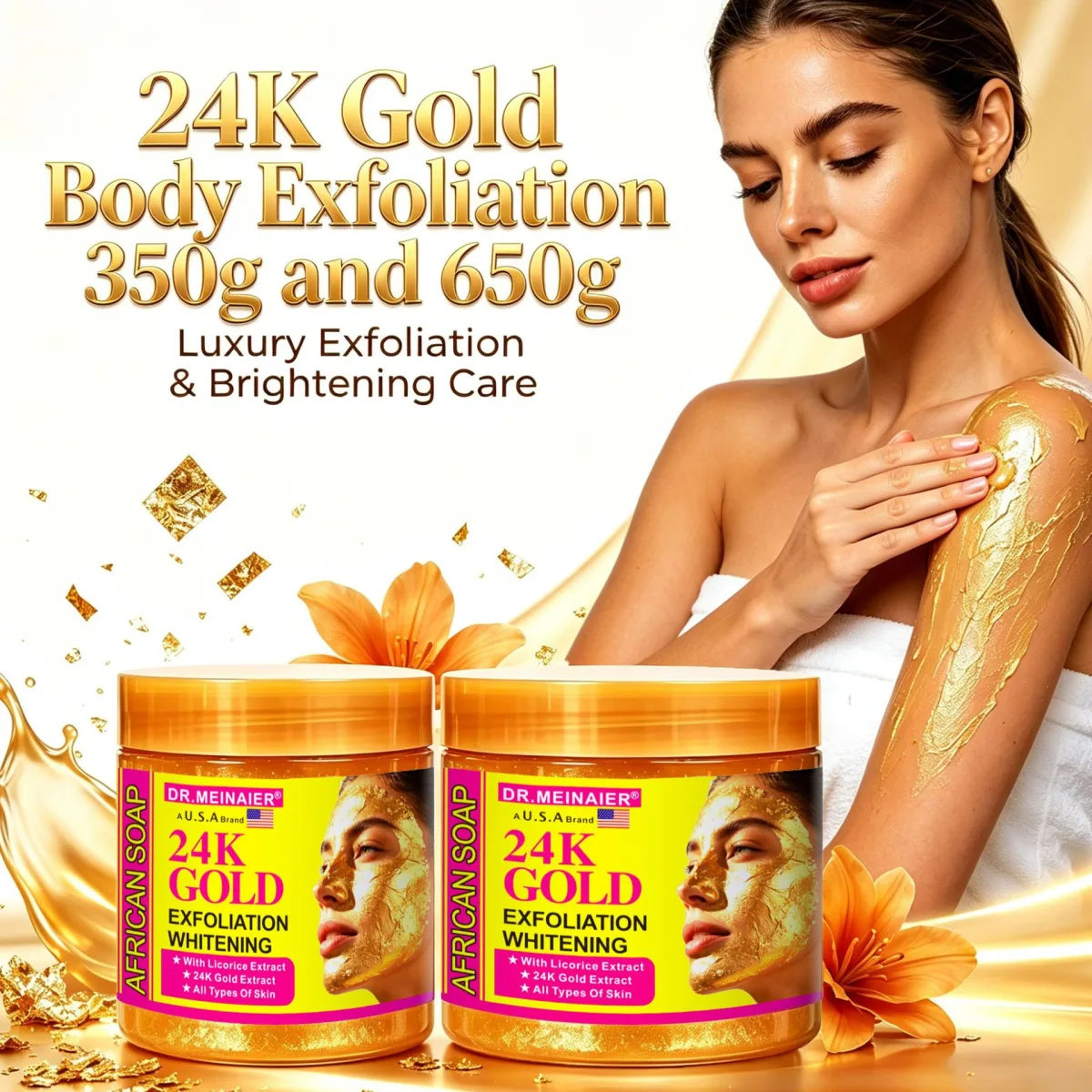 Скраб-пилинг для лица 24K золото, очищающий, 350 г / 650 г
